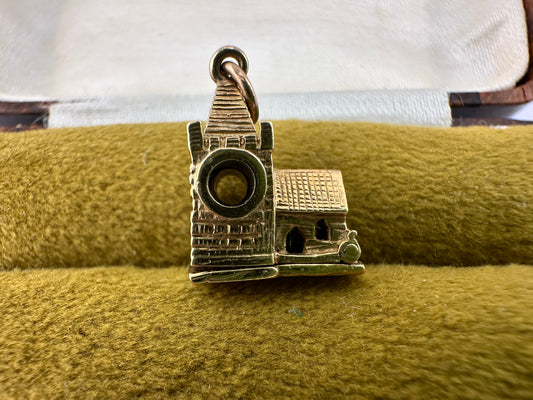 Vintage 9ct Gold Articulated Church Charm with enamelled bride, groom, vicar and Stanhope lense