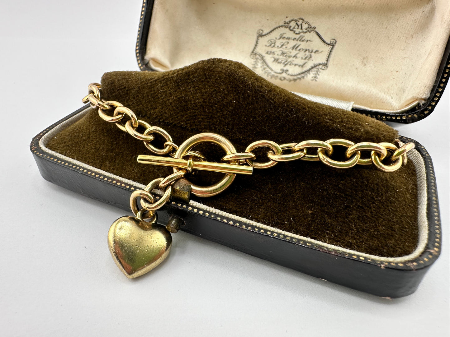 Vintage 9ct Gold Cable bracelet with heart toggle and heart t-bar