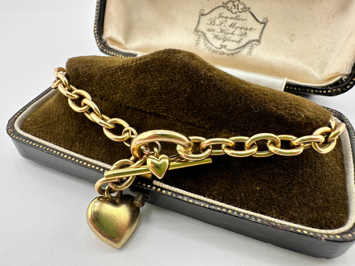 Vintage 9ct Gold Cable bracelet with heart toggle and heart t-bar