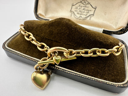 Vintage 9ct Gold Cable bracelet with heart toggle and heart t-bar
