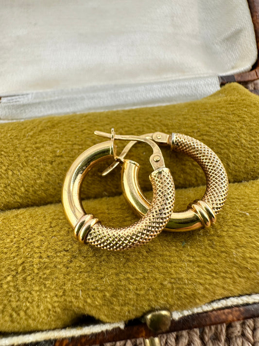 9ct Gold UnoAerre Small Round Hoops, half textured, half polished