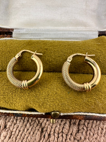 9ct Gold UnoAerre Small Round Hoops, half textured, half polished