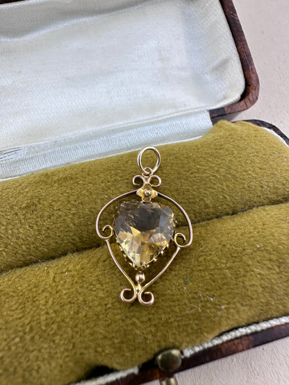 Edwardian 9ct Gold Citrine Heart Pendant