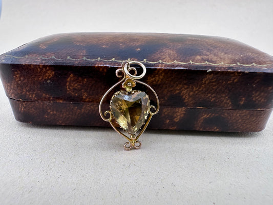 Edwardian 9ct Gold Citrine Heart Pendant