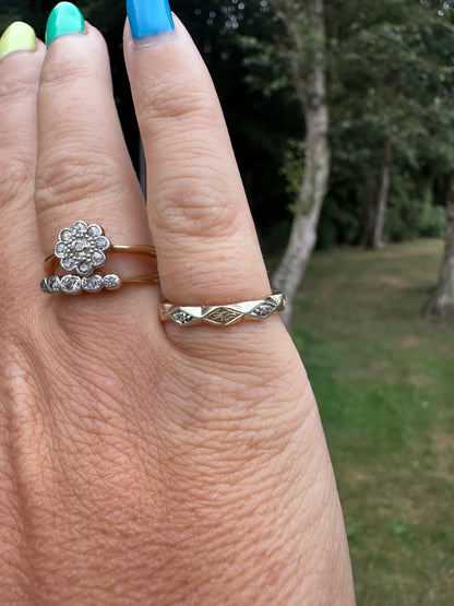 9ct two tone gold patterned ZigZag band with diamonds