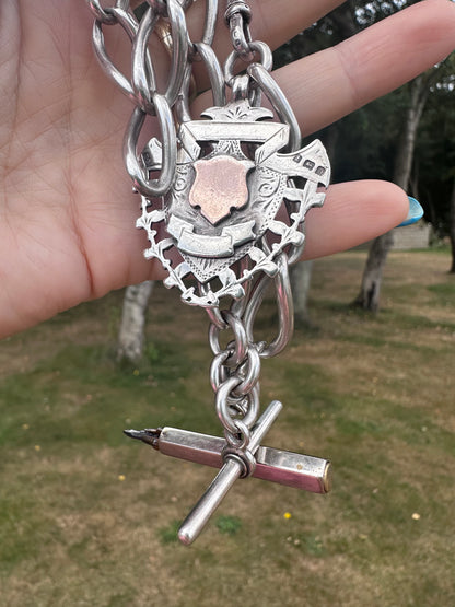 Antique Sterling Silver Open Curb Albert Chain with Sheild Fob, T-Bar and Silver plated pencil