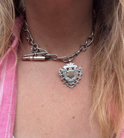 Antique Sterling Silver Open Curb Albert Chain with Sheild Fob, T-Bar and Silver plated pencil