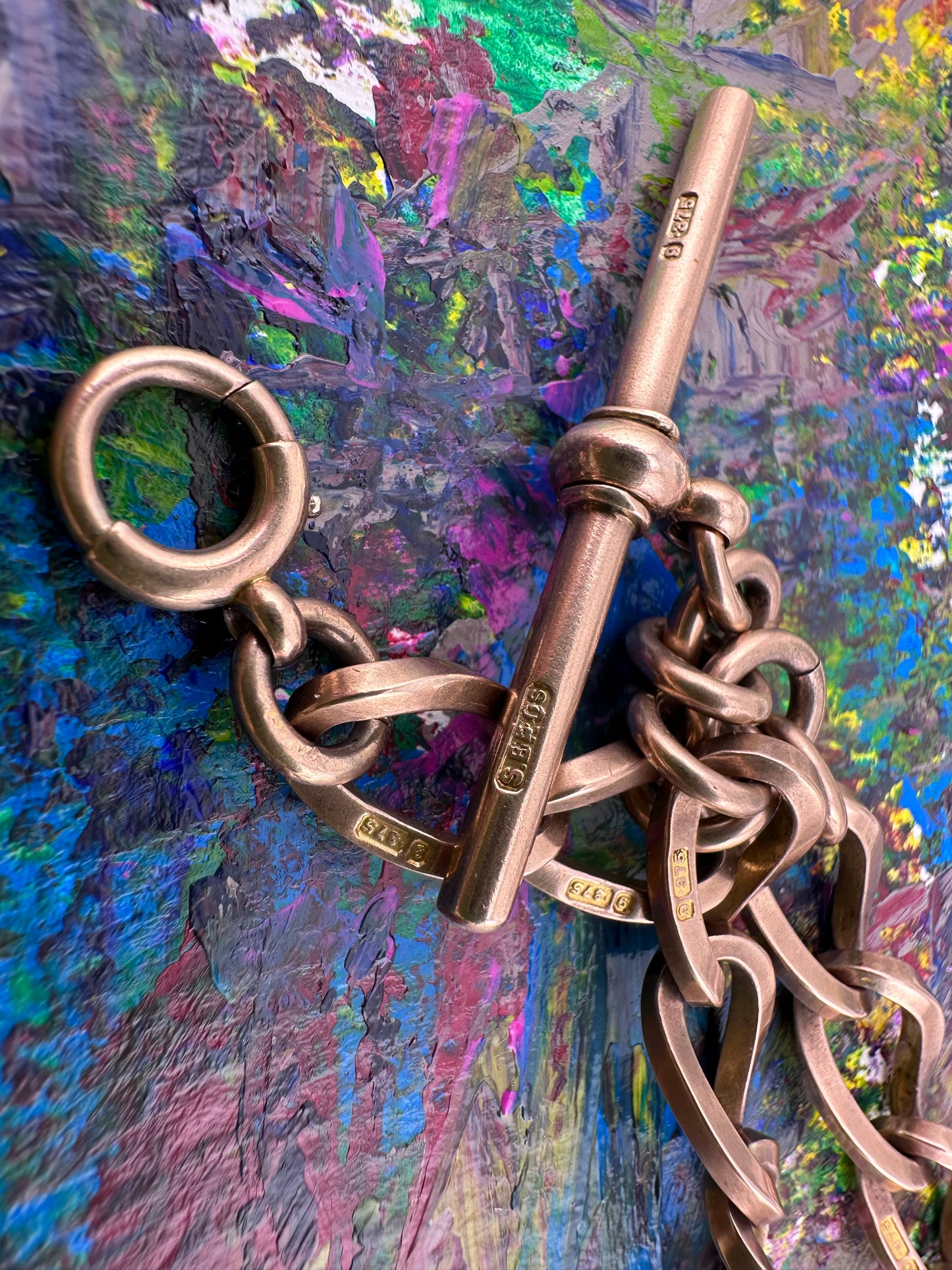 Antique 9ct Rose Gold Open Link Albert Chain with two dog clips, T-Bar and bolt