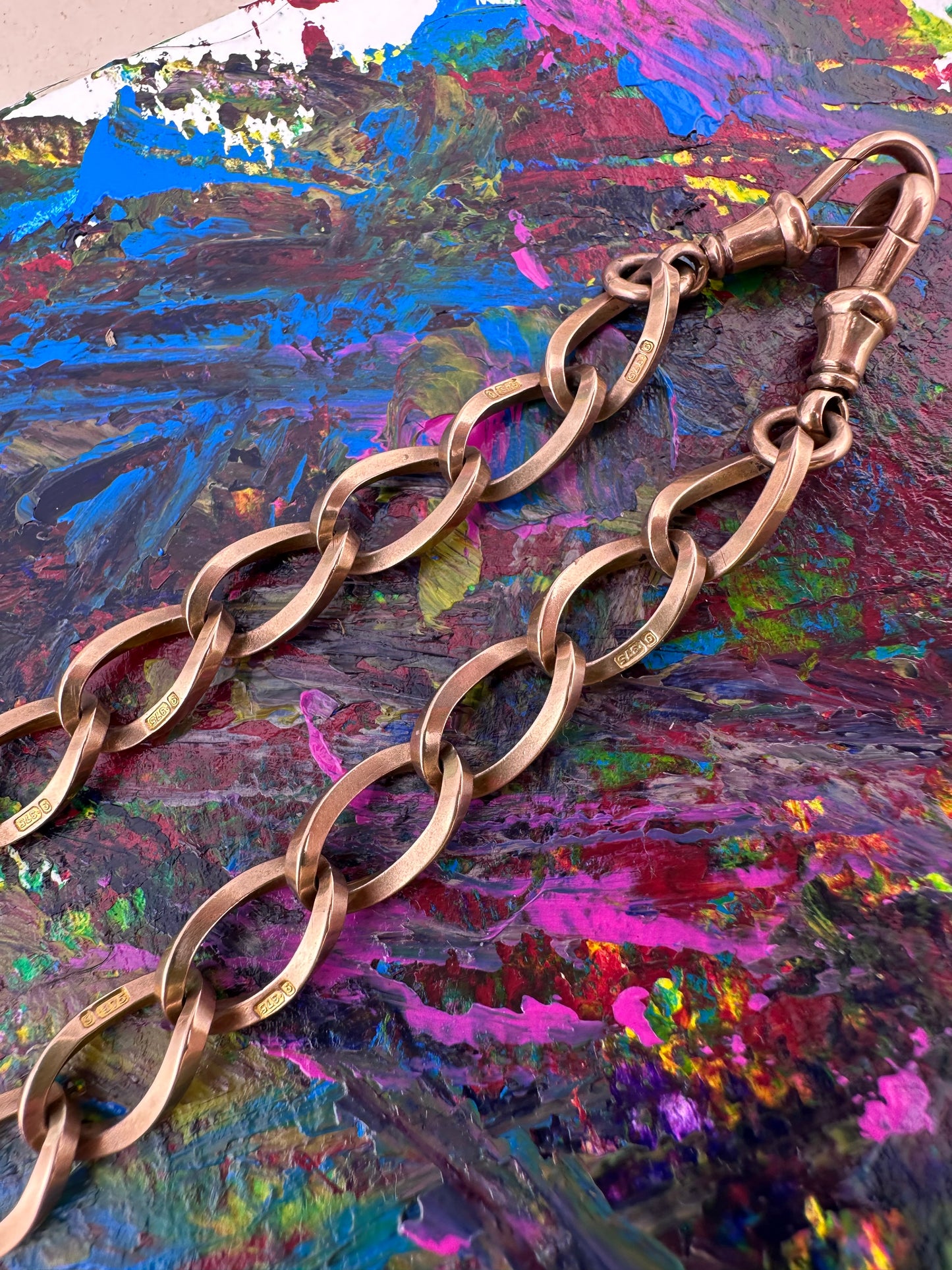 Antique 9ct Rose Gold Open Link Albert Chain with two dog clips, T-Bar and bolt