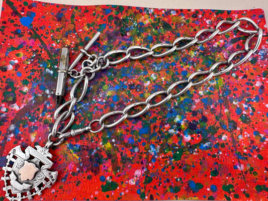 Antique Sterling Silver Open Curb Albert Chain with Sheild Fob, T-Bar and Silver plated pencil