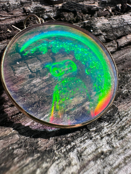 9ct Gold Hologram Owl and moon pendant