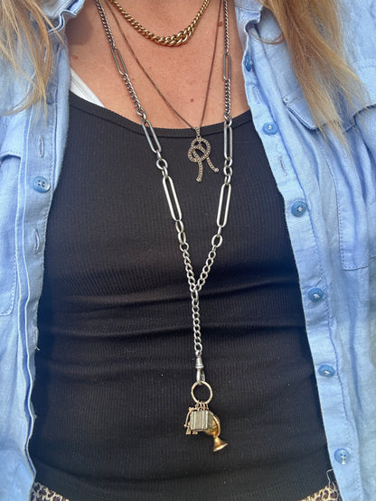 Sterling Silver Trombone and Curb Long Guard Chain with dog clip