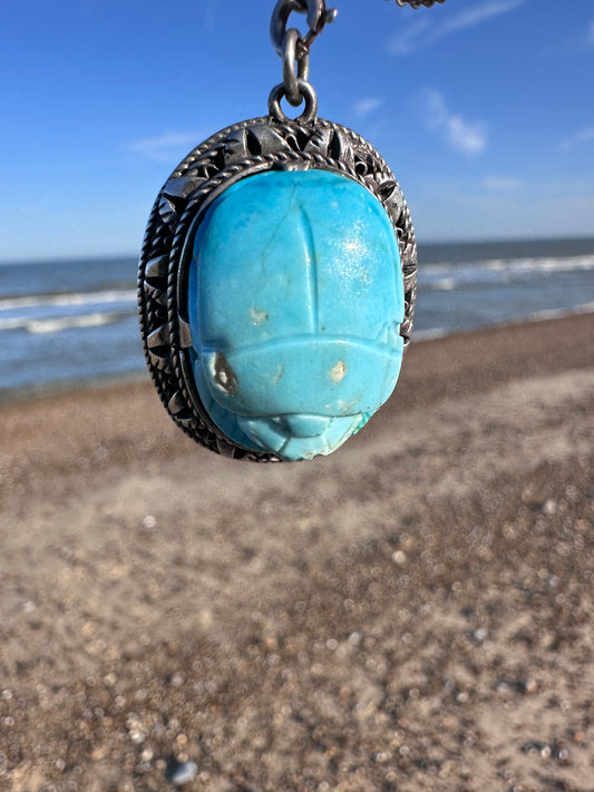 Sterling silver Faience Scarab Pendant with Sterling chain