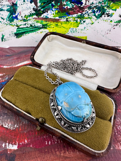 Sterling silver Faience Scarab Pendant with Sterling chain