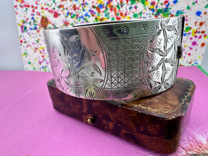 Antique Sterling silver Engraved hinged Cuff/Bangle