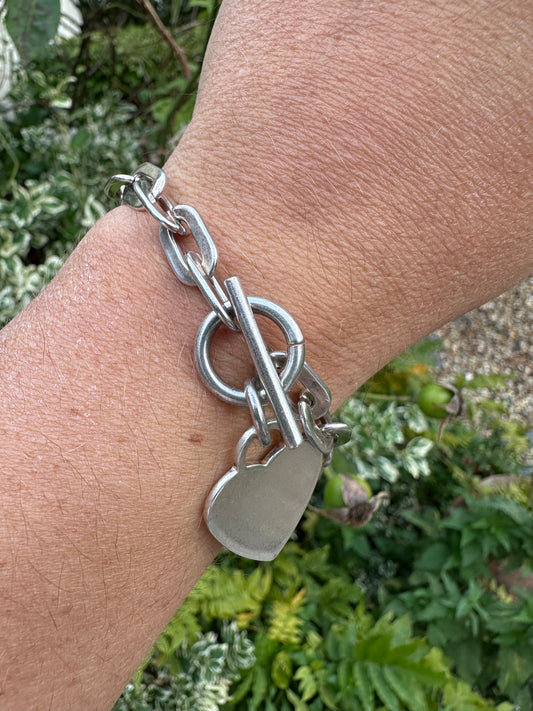 Vintage Sterling Silver paperclip bracelet with heart toggle