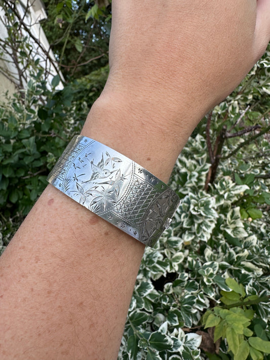 Antique Sterling silver Engraved hinged Cuff/Bangle