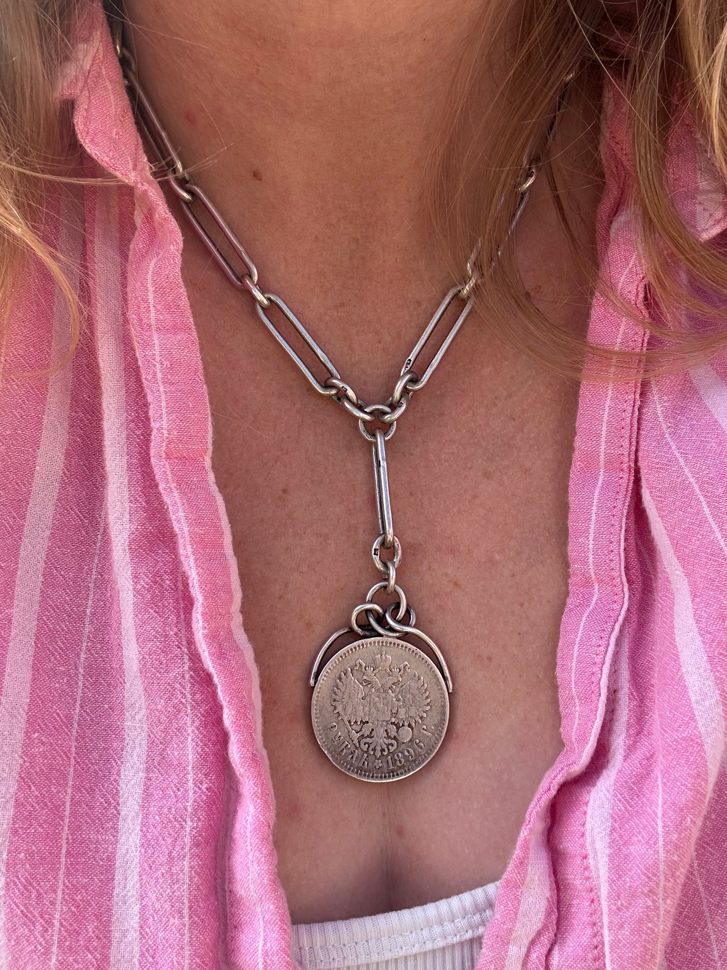 Antique Sterling Silver Trombone Albert chain with coin and curb extender