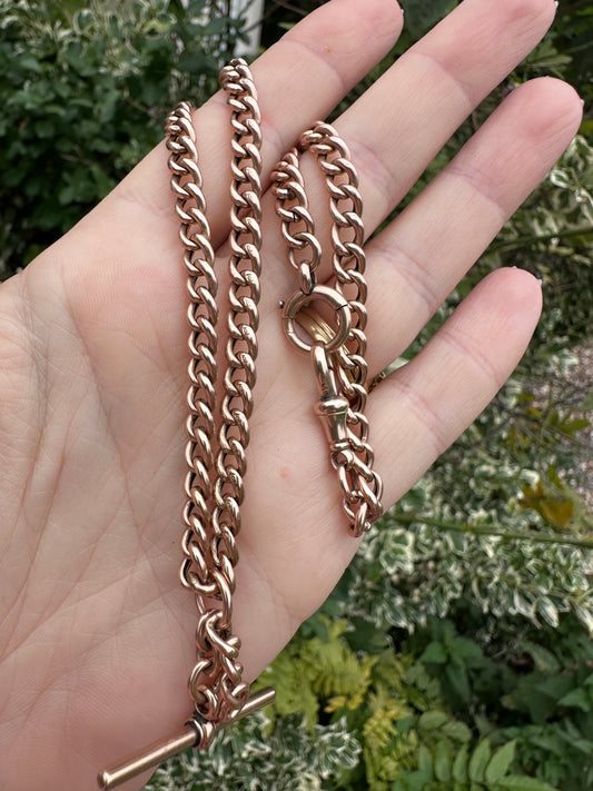 Antique 9ct Gold Curb Albert chain with bolt, dog clip and floating t-bar