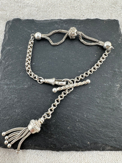 Silver Albertina Bracelet with Tassel, T-Bar & Dog Clip