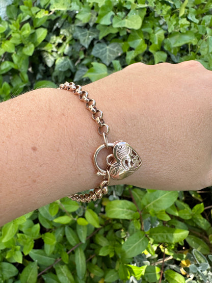 Vintage 9ct Rose Gold Rolo bracelet with heart padlock