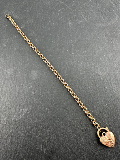 Vintage 9ct Rose Gold Rolo bracelet with heart padlock