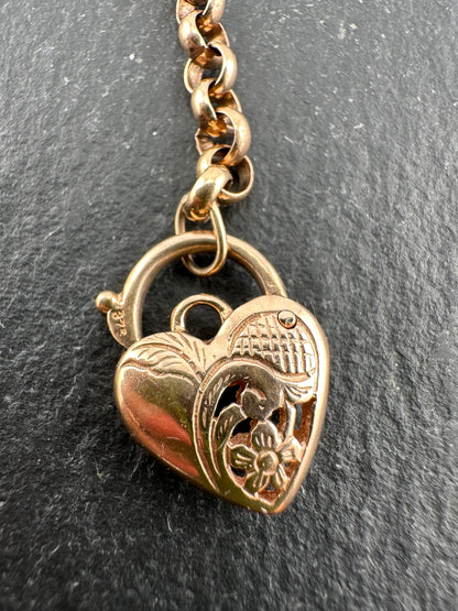 Vintage 9ct Rose Gold Rolo bracelet with heart padlock