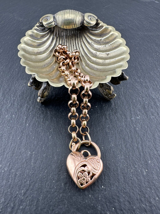 Vintage 9ct Rose Gold Rolo bracelet with heart padlock
