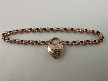 Vintage 9ct Rose Gold Rolo bracelet with heart padlock
