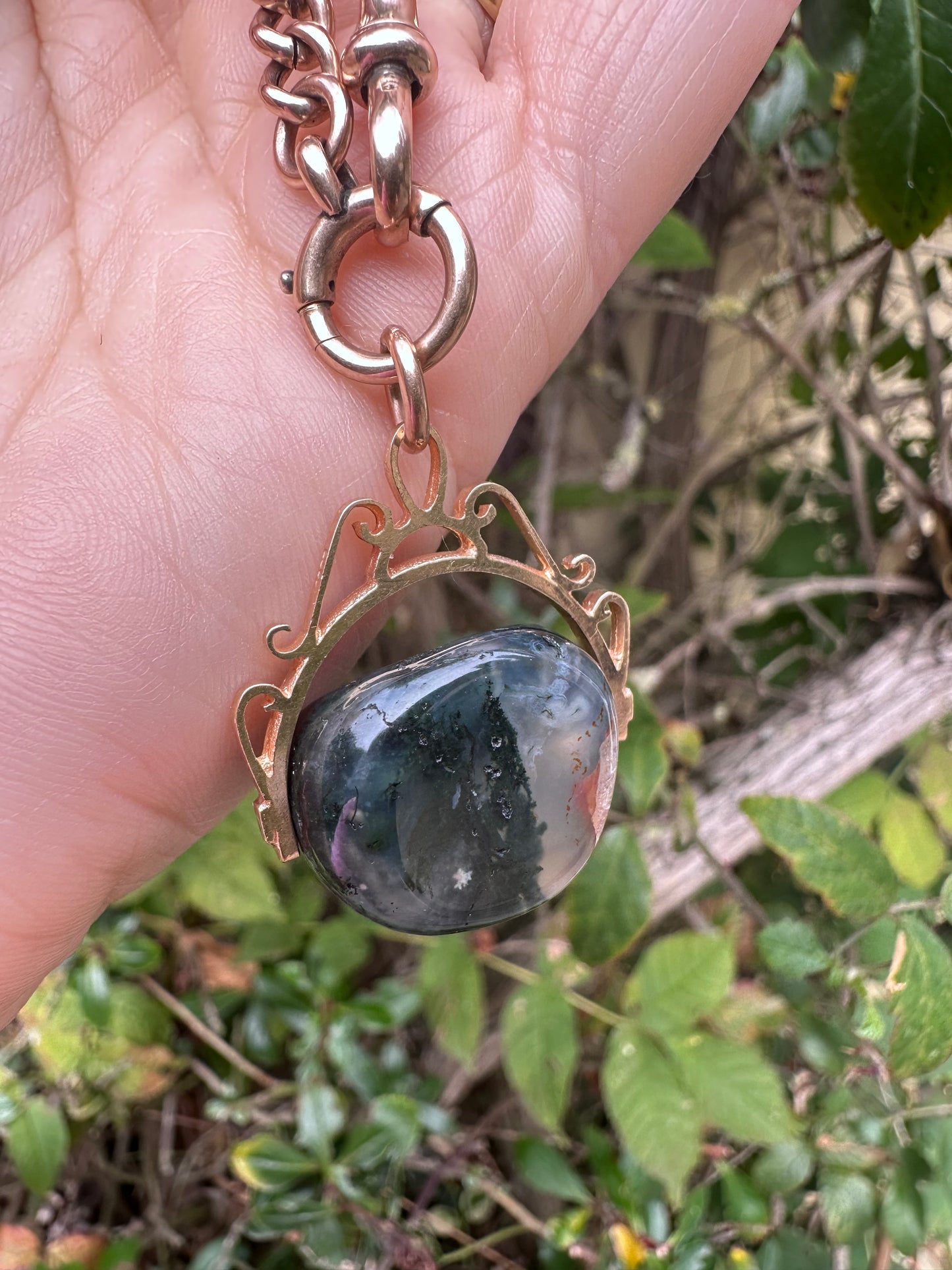 Vintage 9ct Gold Moss Agate Spinner Fob