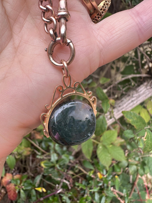 Vintage 9ct Gold Moss Agate Spinner Fob