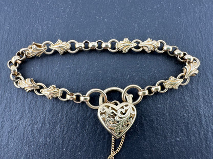 9ct Yellow Gold Rolo & Leaf link bracelet with heart padlock