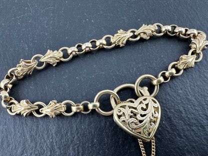 9ct Yellow Gold Rolo & Leaf link bracelet with heart padlock