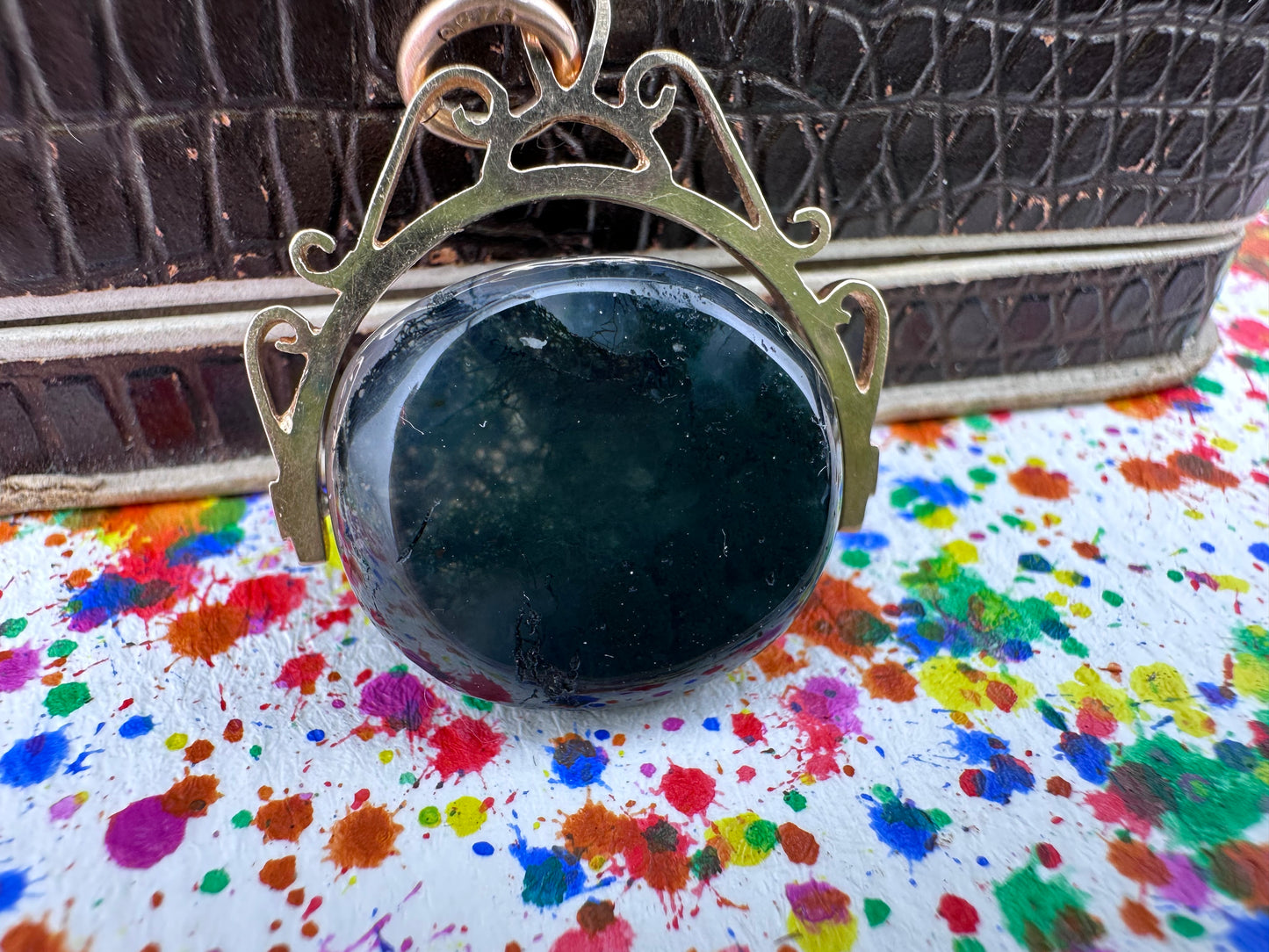 Vintage 9ct Gold Moss Agate Spinner Fob