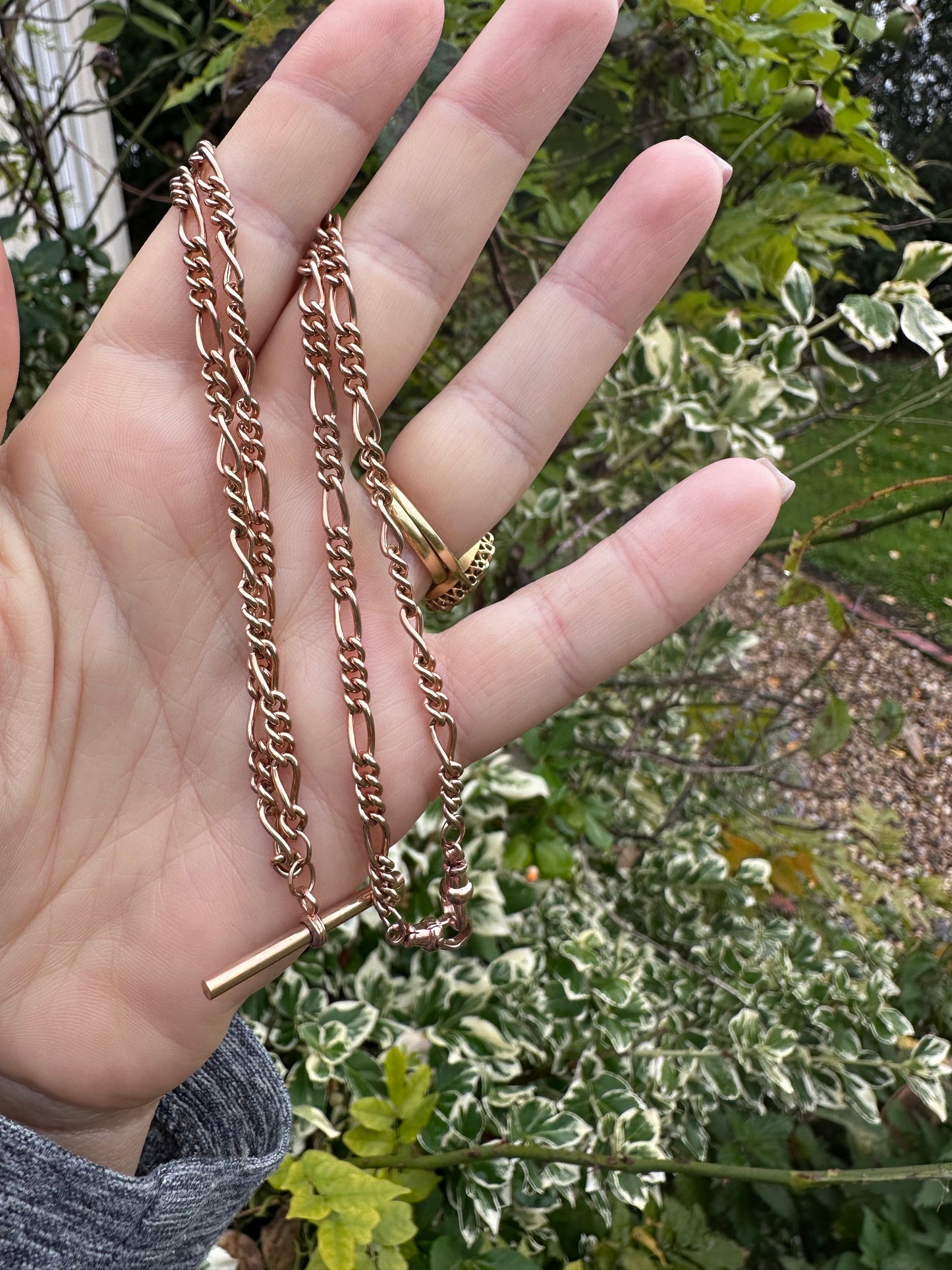 Vintage 9ct Rose Gold Figaro/long and short link chain with 2 dog clips and t-bar