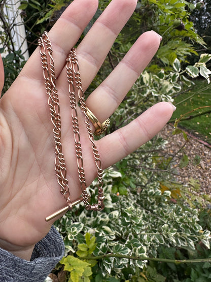 Vintage 9ct Rose Gold Figaro/long and short link chain with 2 dog clips and t-bar