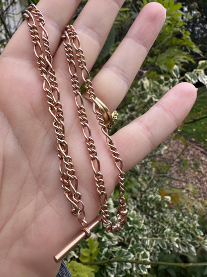 Vintage 9ct Rose Gold Figaro/long and short link chain with 2 dog clips and t-bar