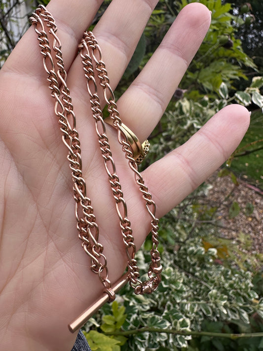 Vintage 9ct Rose Gold Figaro/long and short link chain with 2 dog clips and t-bar