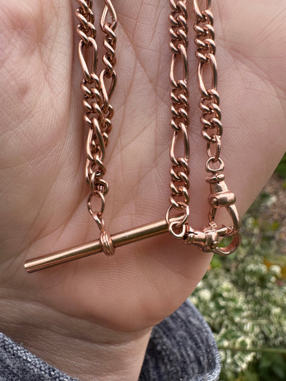 Vintage 9ct Rose Gold Figaro/long and short link chain with 2 dog clips and t-bar