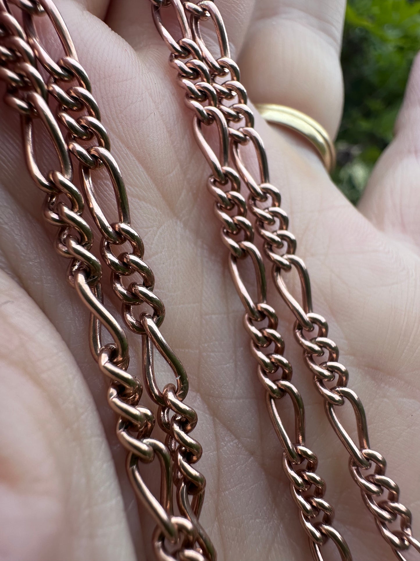 Vintage 9ct Rose Gold Figaro/long and short link chain with 2 dog clips and t-bar