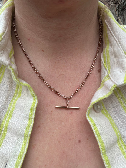 Vintage 9ct Rose Gold Figaro/long and short link chain with 2 dog clips and t-bar