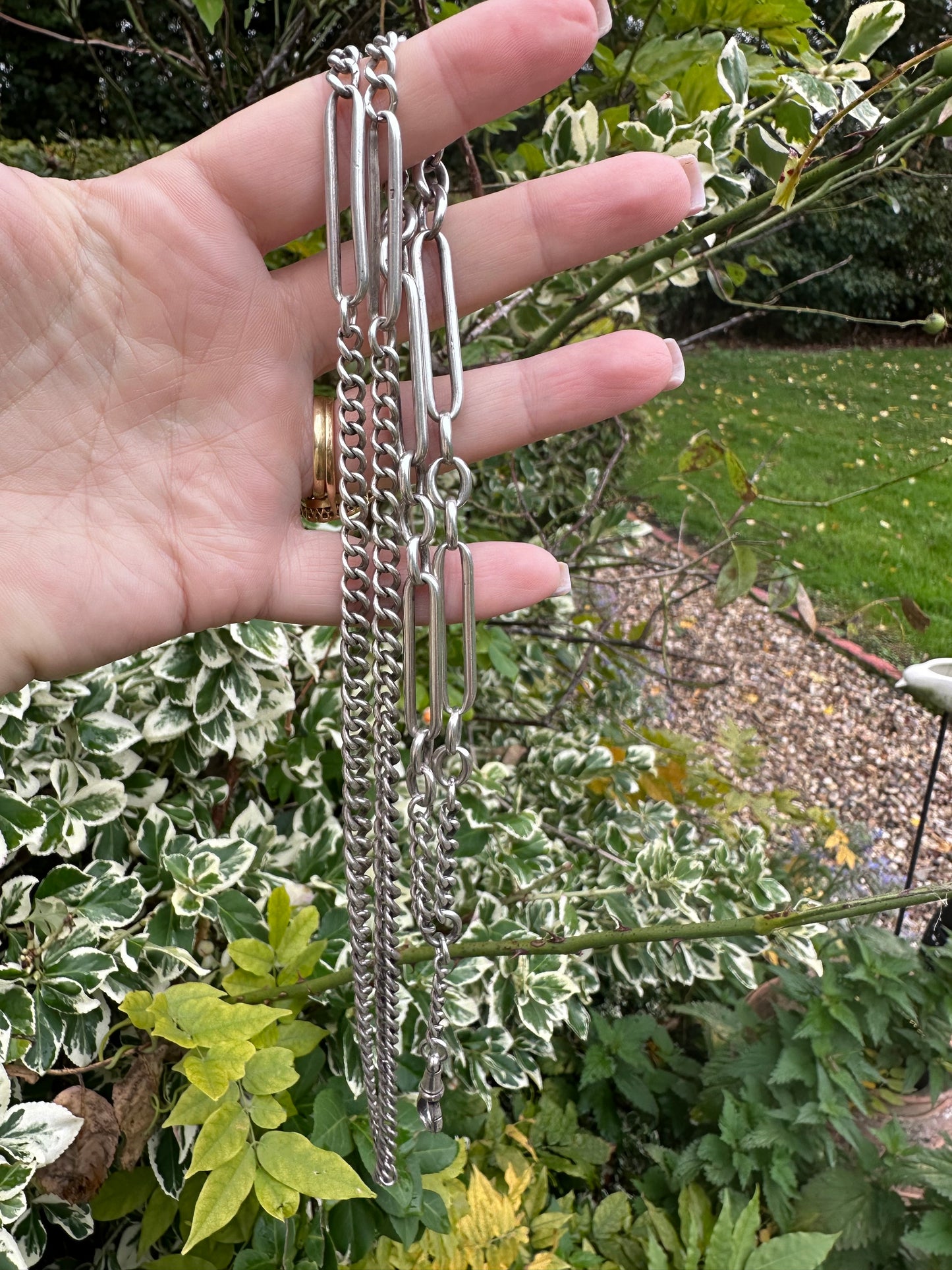 Sterling Silver Trombone and Curb Long Guard Chain with dog clip