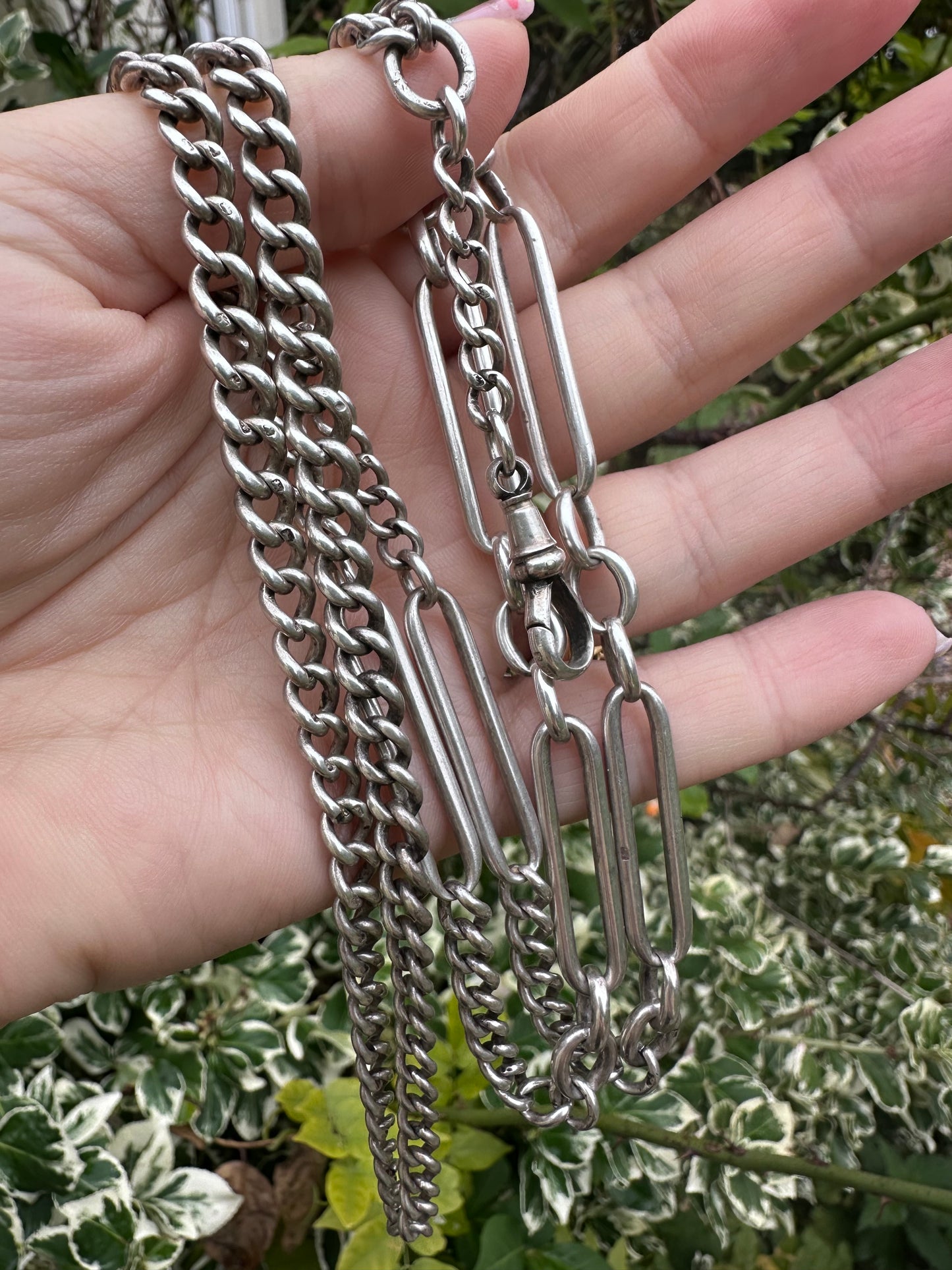 Sterling Silver Trombone and Curb Long Guard Chain with dog clip