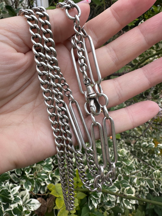 Sterling Silver Trombone and Curb Long Guard Chain with dog clip