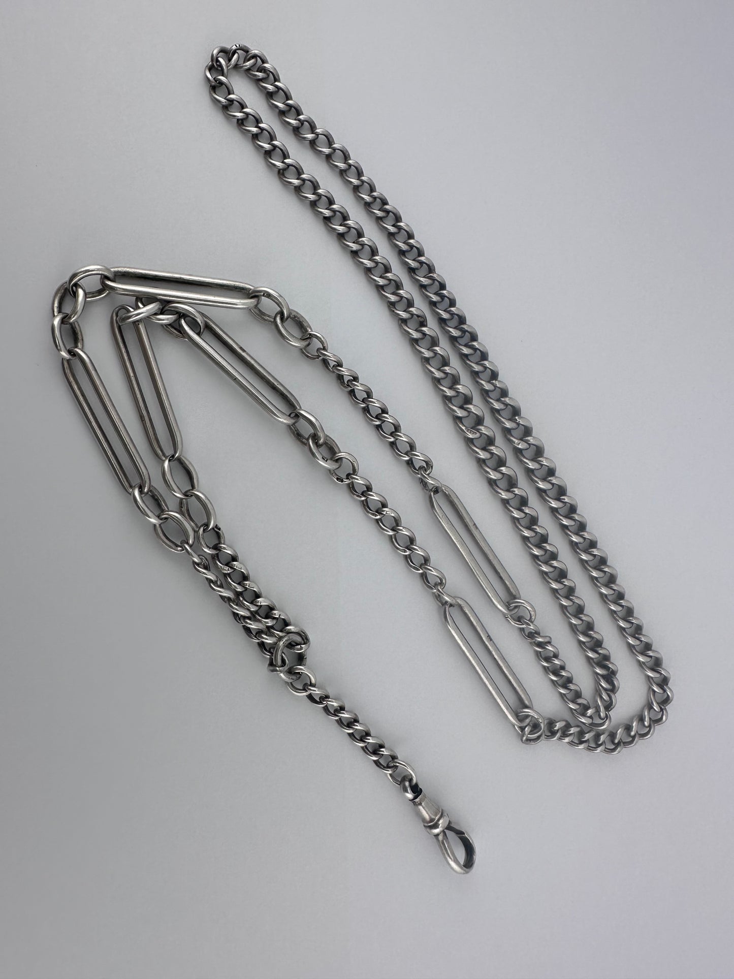 Sterling Silver Trombone and Curb Long Guard Chain with dog clip