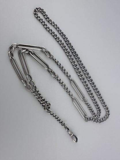 Sterling Silver Trombone and Curb Long Guard Chain with dog clip