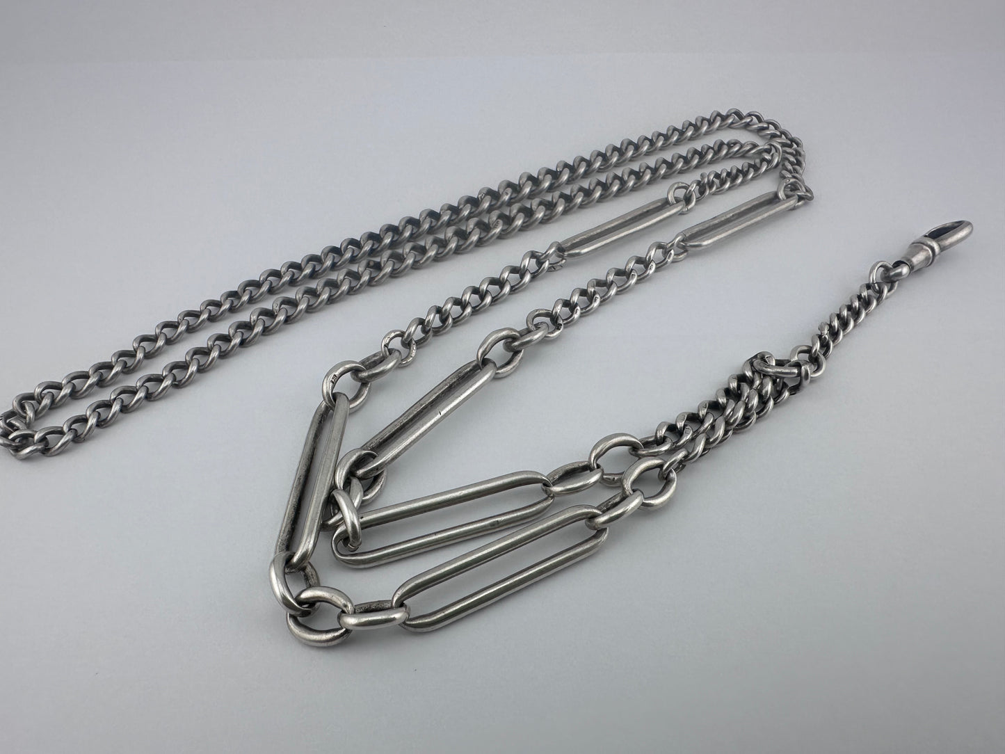 Sterling Silver Trombone and Curb Long Guard Chain with dog clip