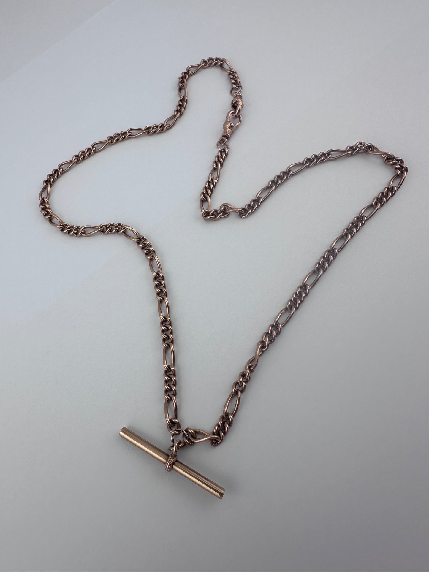 Vintage 9ct Rose Gold Figaro/long and short link chain with 2 dog clips and t-bar