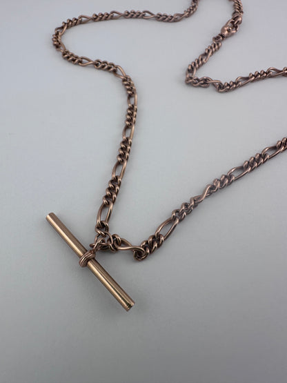 Vintage 9ct Rose Gold Figaro/long and short link chain with 2 dog clips and t-bar