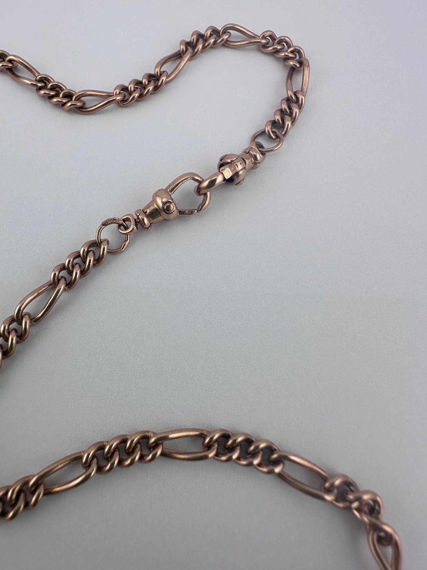 Vintage 9ct Rose Gold Figaro/long and short link chain with 2 dog clips and t-bar